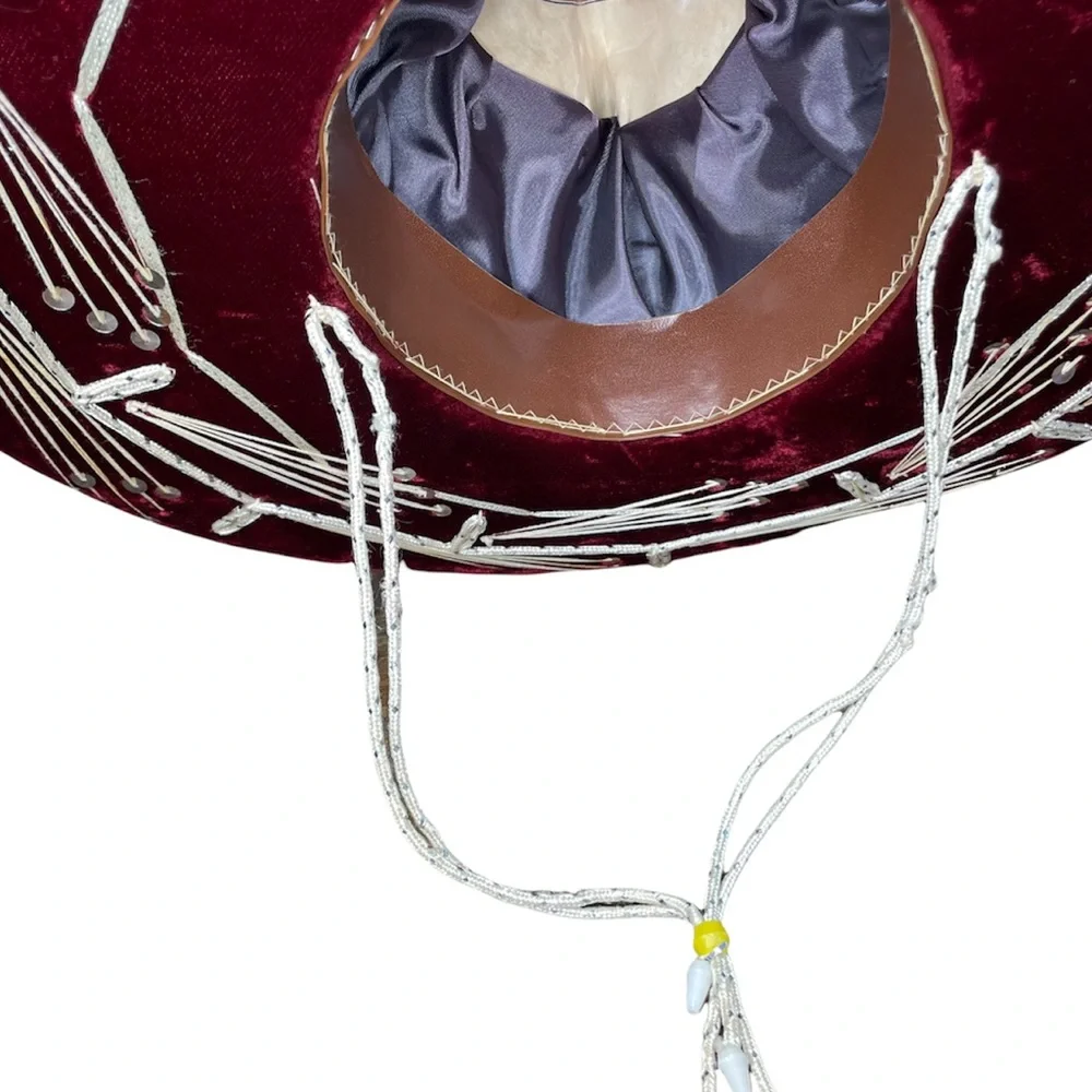 PIGALLE Mariachi Sombrero Maroon Velvet Silver Sequins Adult Large - Picture 7 of 14